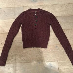 Free People Cable Knit Henley Sweater in Burgundy